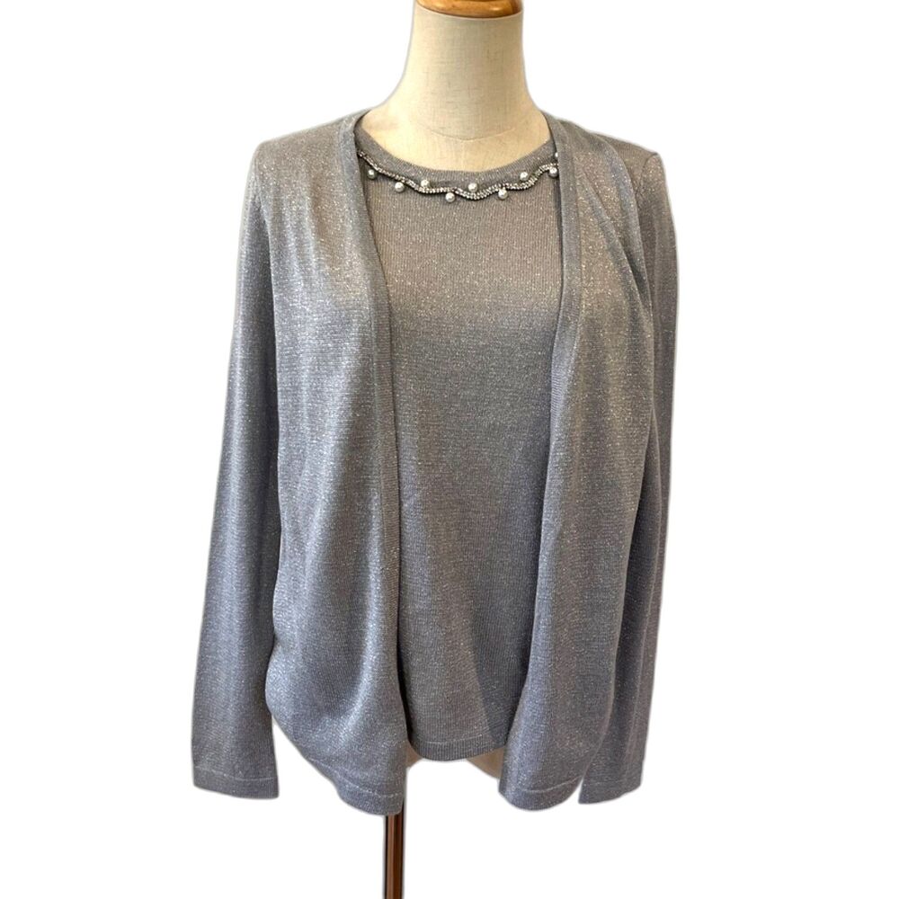 Notations Metallic Silver Knit Cardigan Top Set Jeweled Neckline Small Pearls